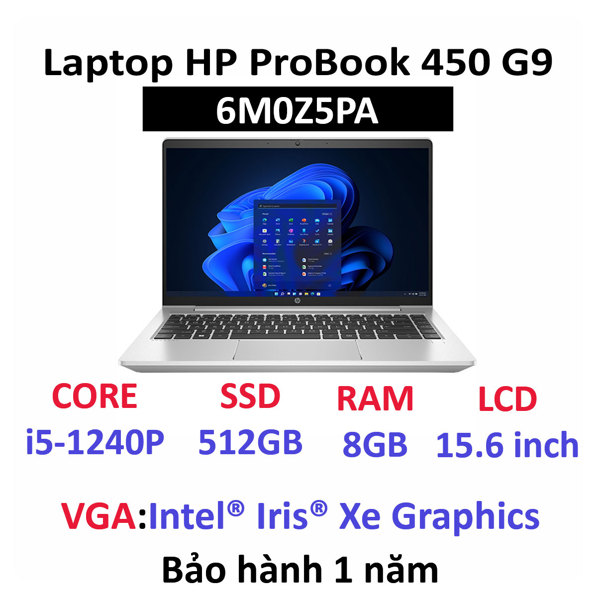 Laptop HP ProBook 450 G9 (i5-1240P/ 8Gb/ 512GB SSD/ 15.6FHD/ VGA ON/ Win 11/ Silver) 6M0Z5PA